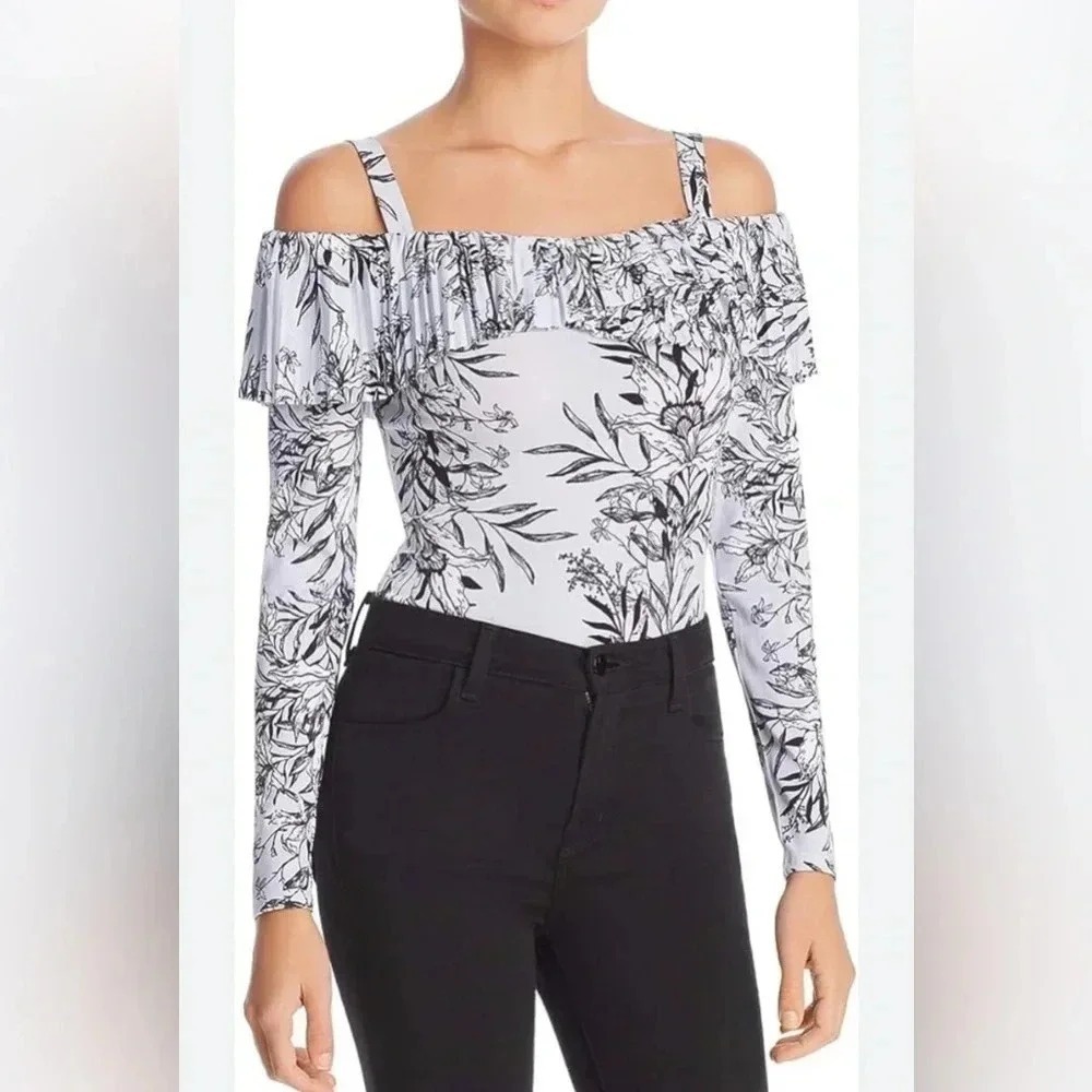 Guess Gorgeous Ruffle/Pleated Overlay Bodysuit White/Black Women's Small EUC